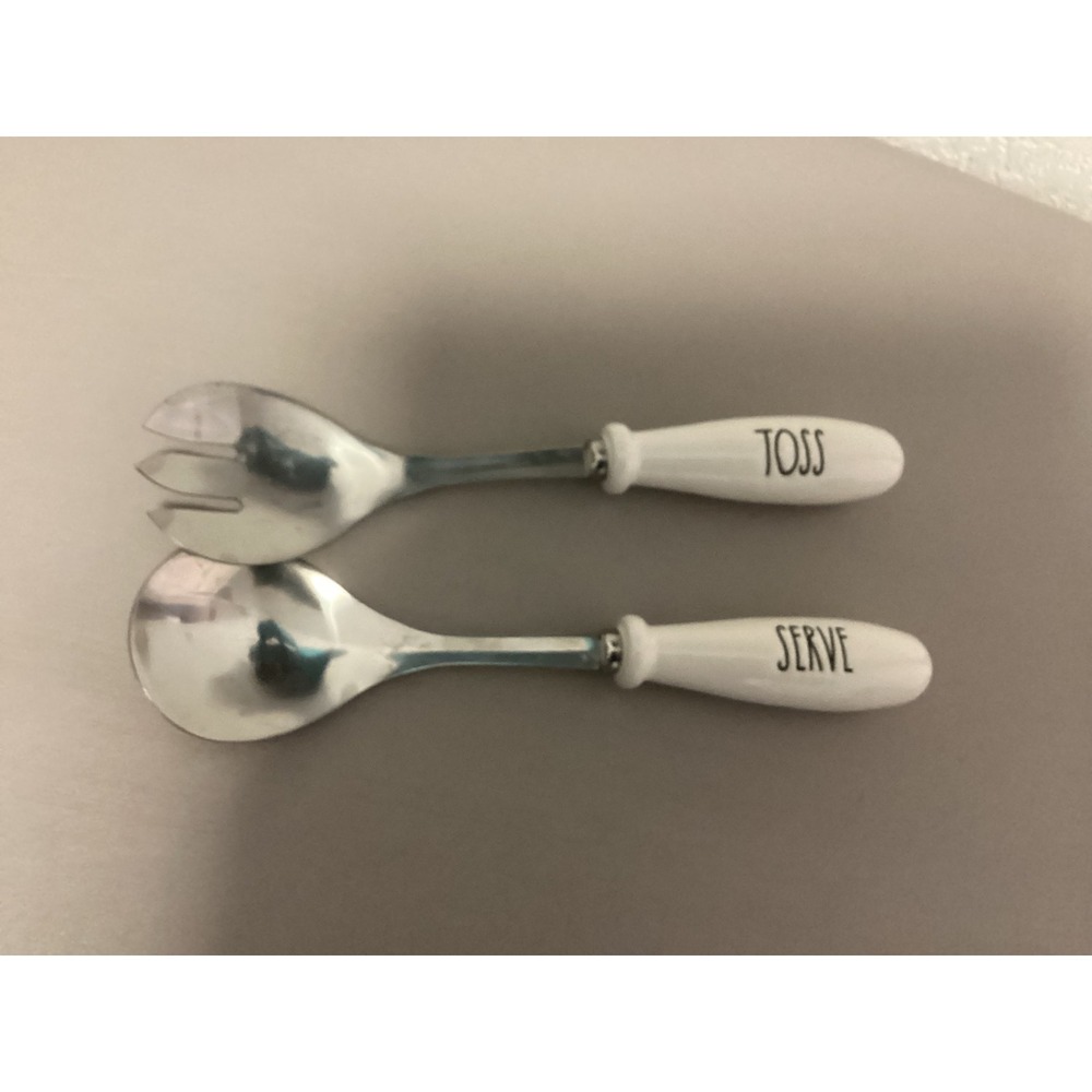 Rae Dunn Salad Servers Unisex OS White Silver Toss Serve Stainless‎ Ceramic 2pc